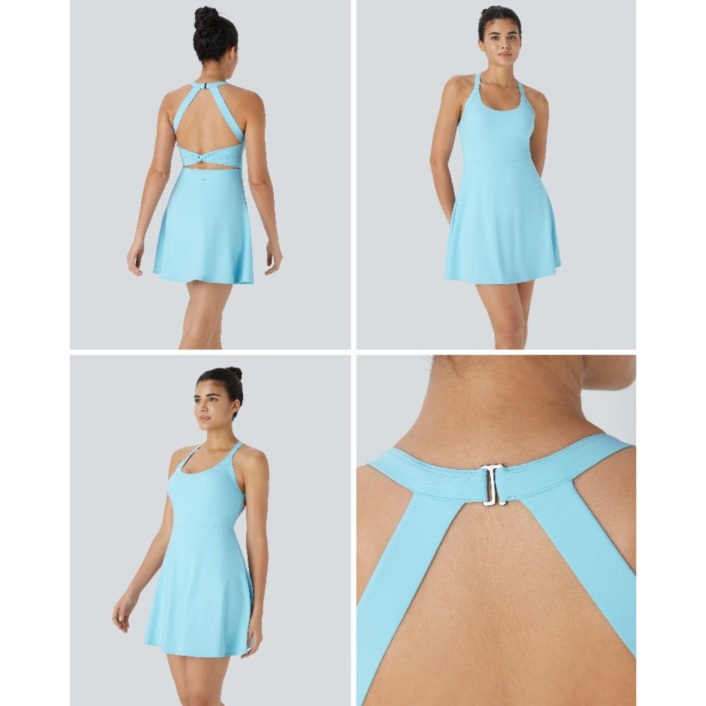 NWT Halara Dress S Blue Airy Backless Twisted Flare Easy Peezy Active Tennis